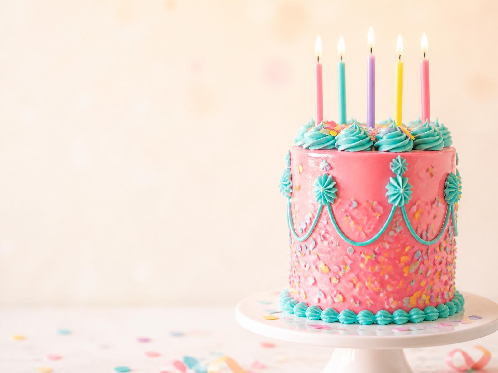 Colourful celebration cake with five lit birthday candles